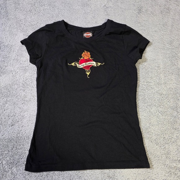 Harley-Davidson Tops - Harley-Davidson Womens Large T-Shirt Black Embroidered Flaming Heart Las Vegas